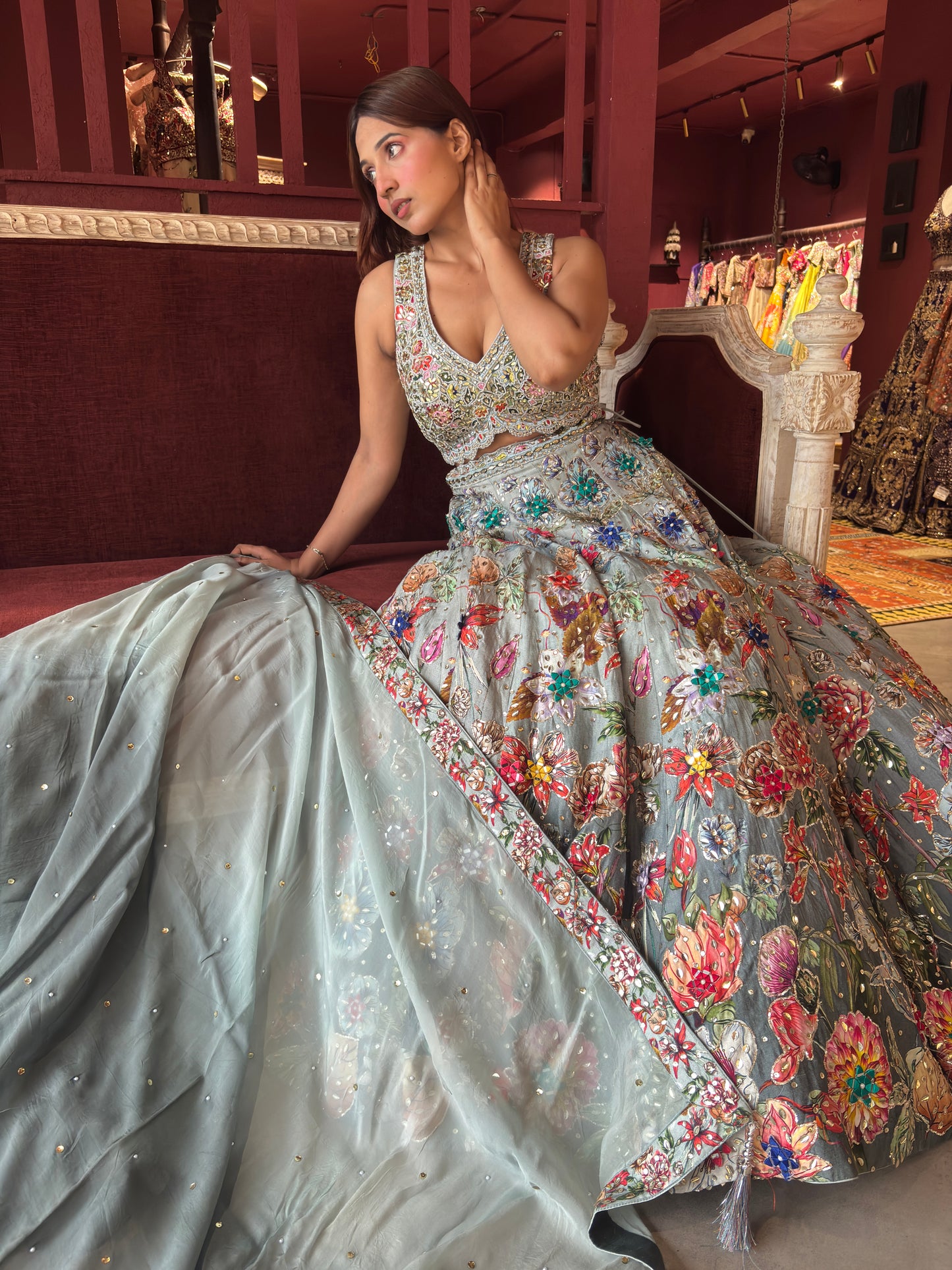 Powder Blue Floral Embroidered Lehenga with Mirror Work & Net Dupatta