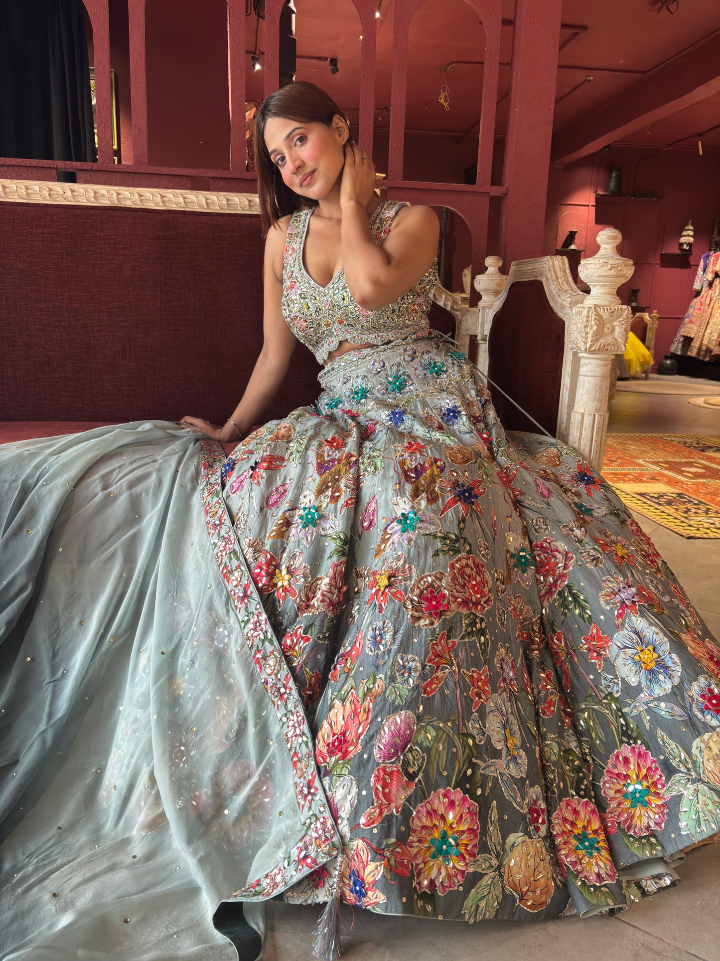 Powder Blue Floral Embroidered Lehenga with Mirror Work & Net Dupatta