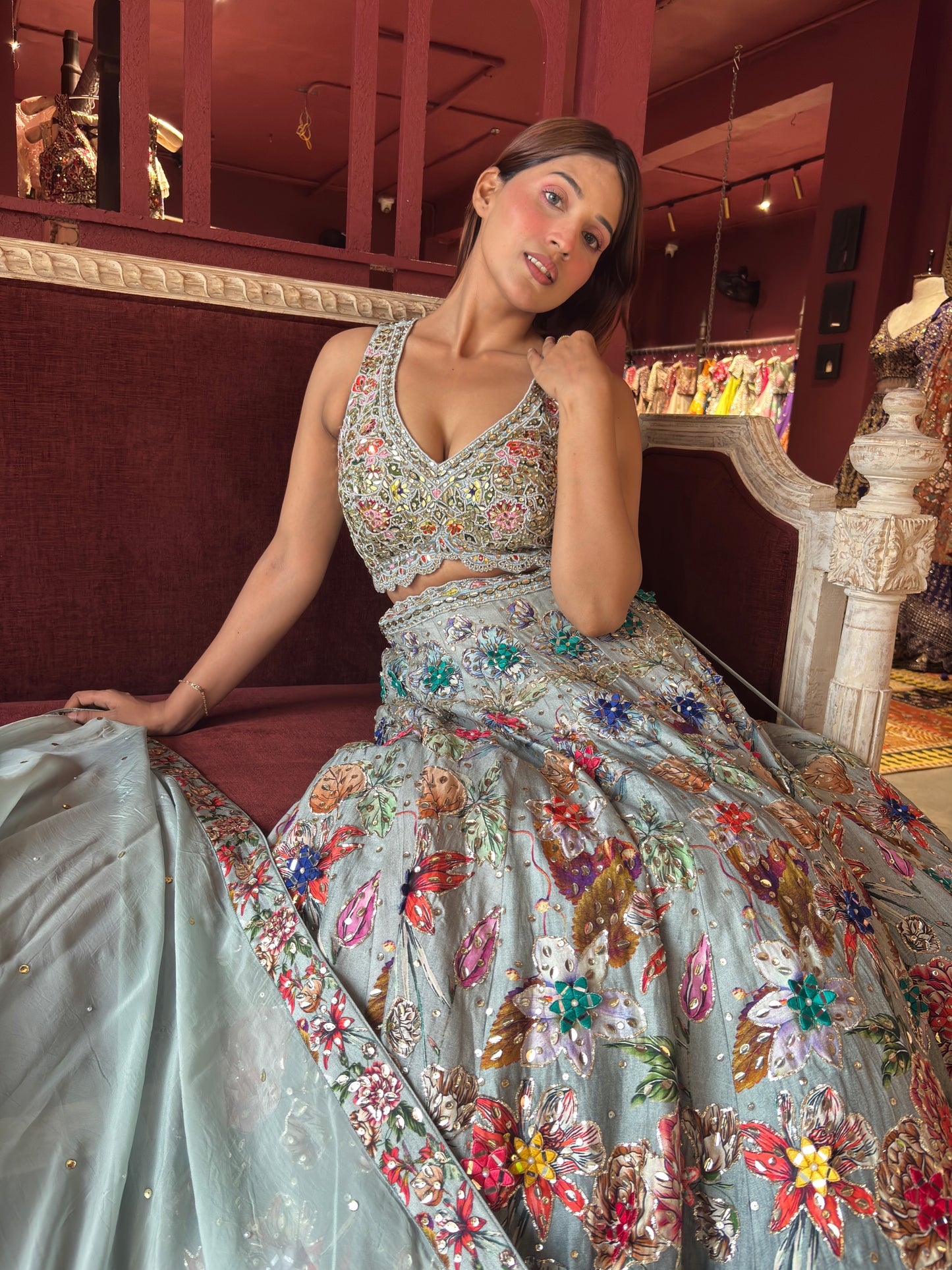 Powder Blue Floral Embroidered Lehenga with Mirror Work & Net Dupatta