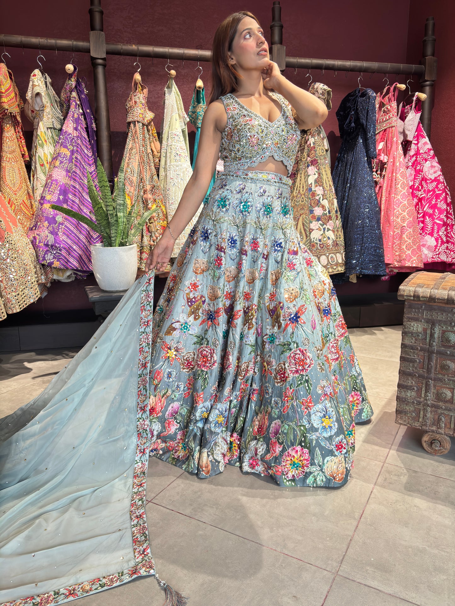 Powder Blue Floral Embroidered Lehenga with Mirror Work & Net Dupatta