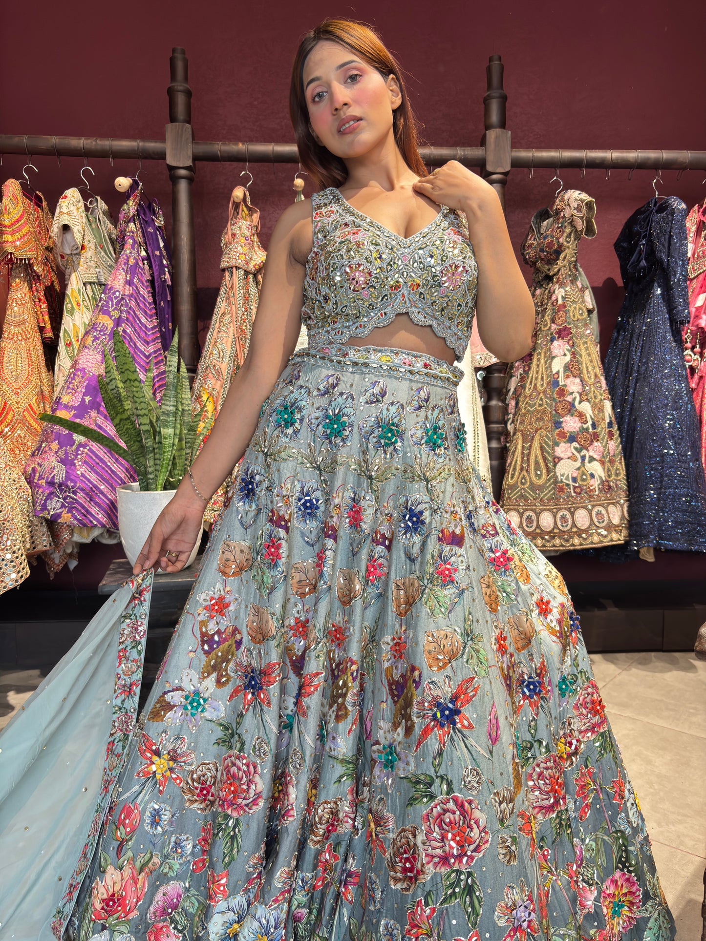 Powder Blue Floral Embroidered Lehenga with Mirror Work & Net Dupatta