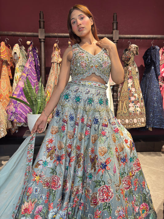 Powder Blue Floral Embroidered Lehenga with Mirror Work & Net Dupatta