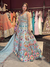 Powder Blue Floral Embroidered Lehenga with Mirror Work & Net Dupatta
