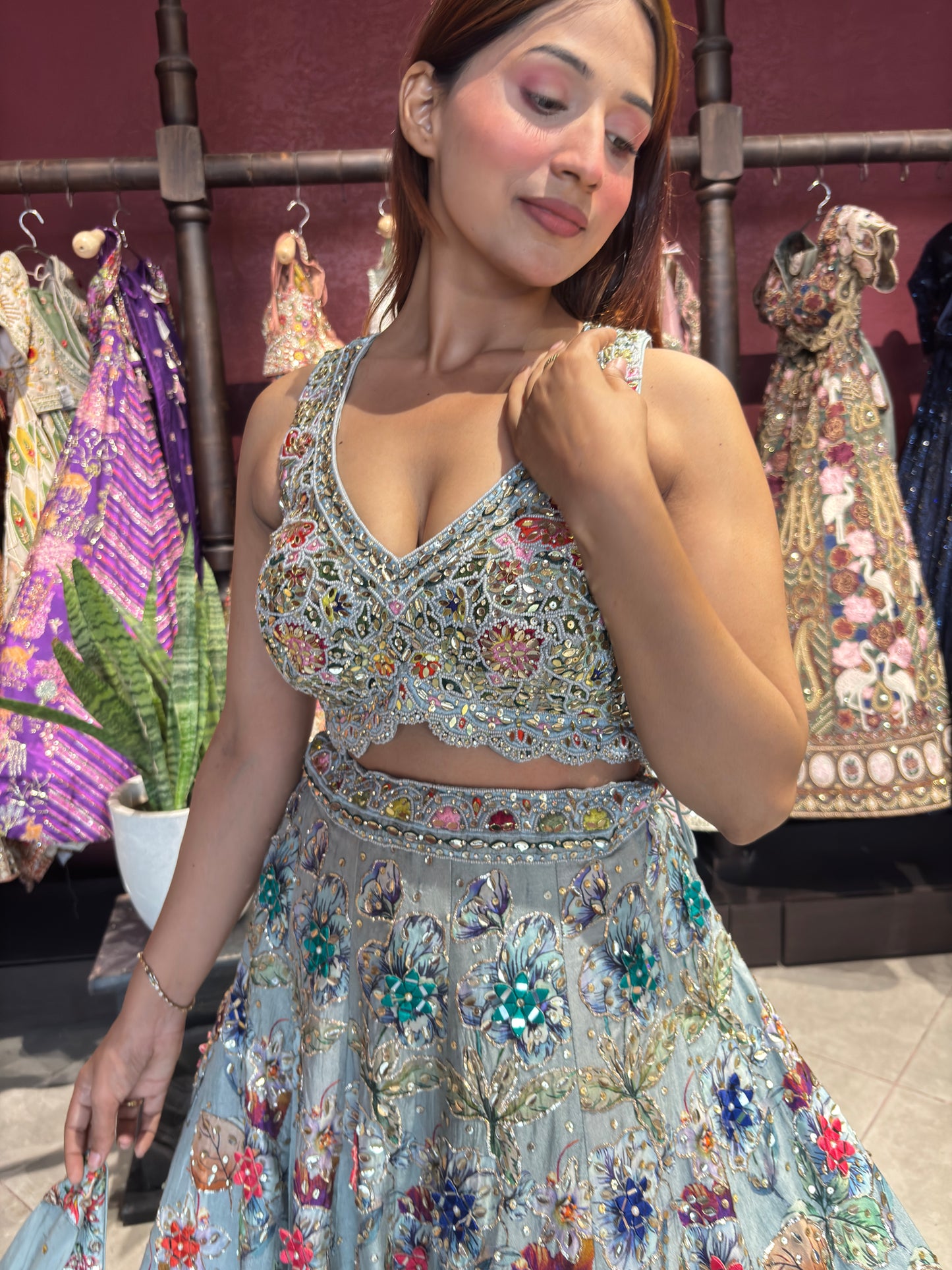 Powder Blue Floral Embroidered Lehenga with Mirror Work & Net Dupatta