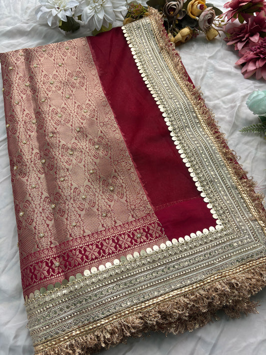 Red Saree with Handcrafted Royal Elephant Zardozi & Bead Embroidery