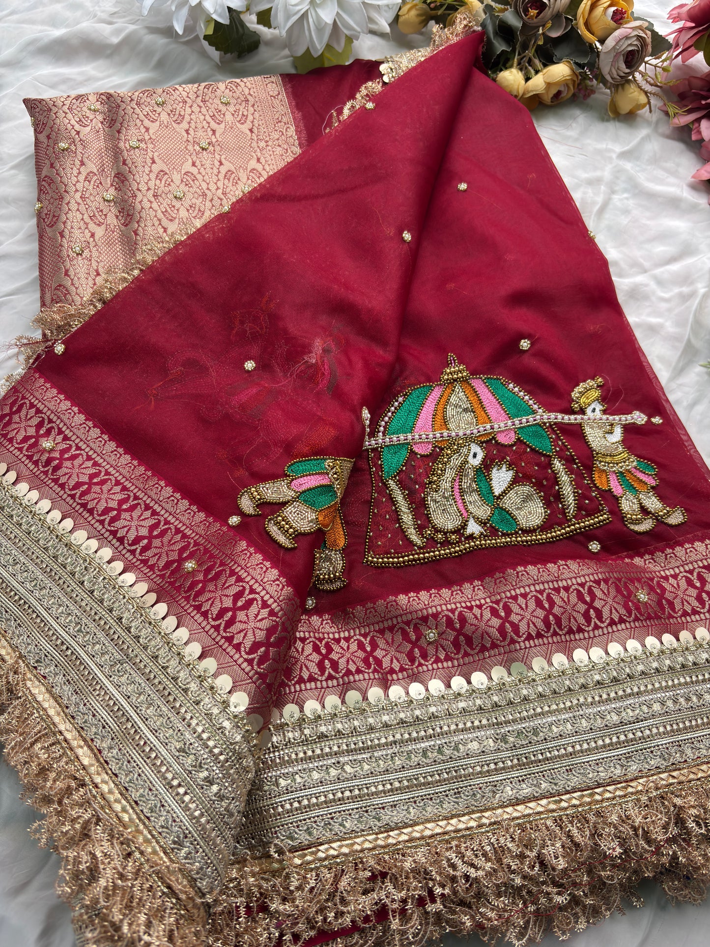 Red Saree with Handcrafted Royal Elephant Zardozi & Bead Embroidery