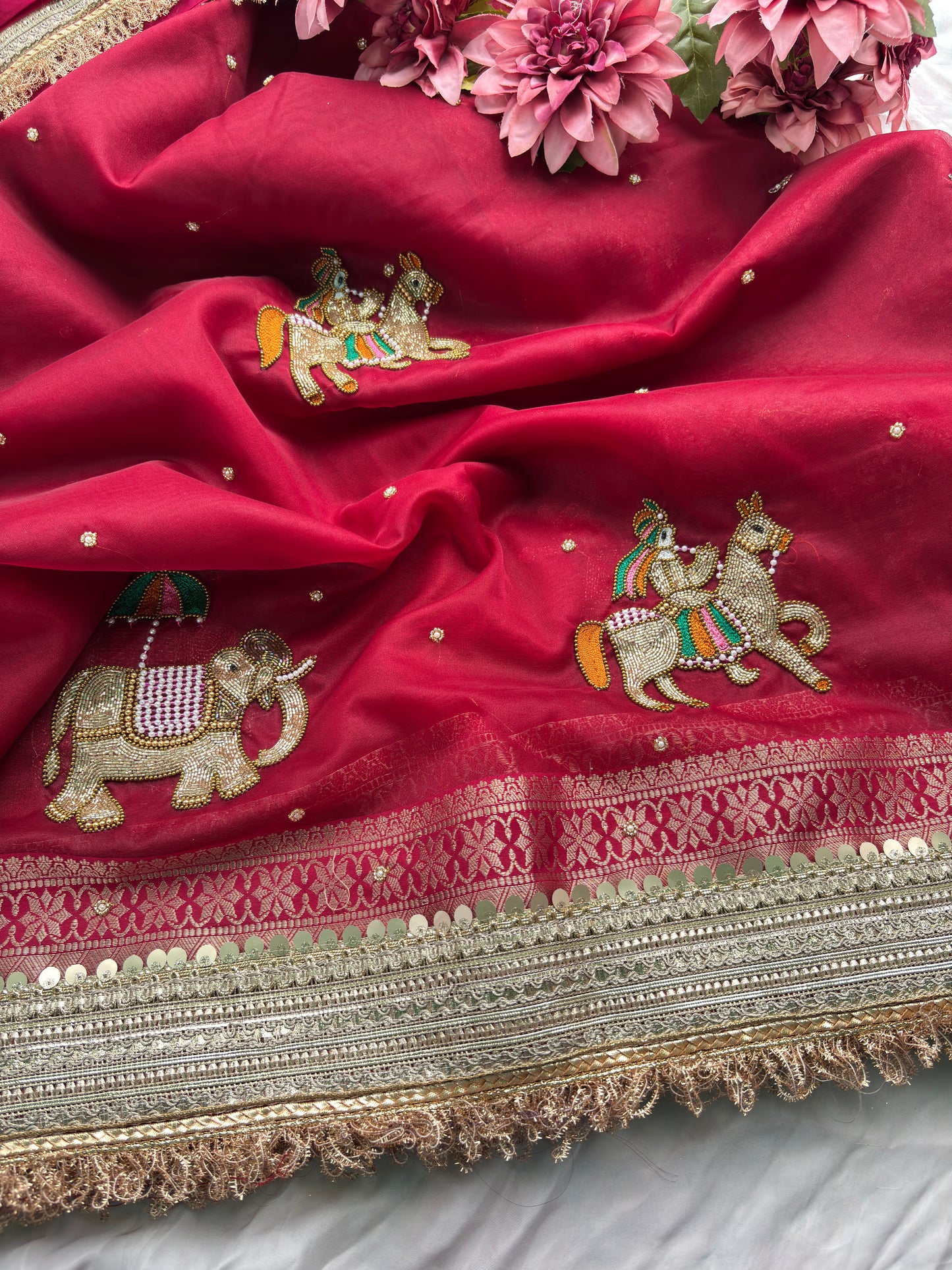 Red Saree with Handcrafted Royal Elephant Zardozi & Bead Embroidery