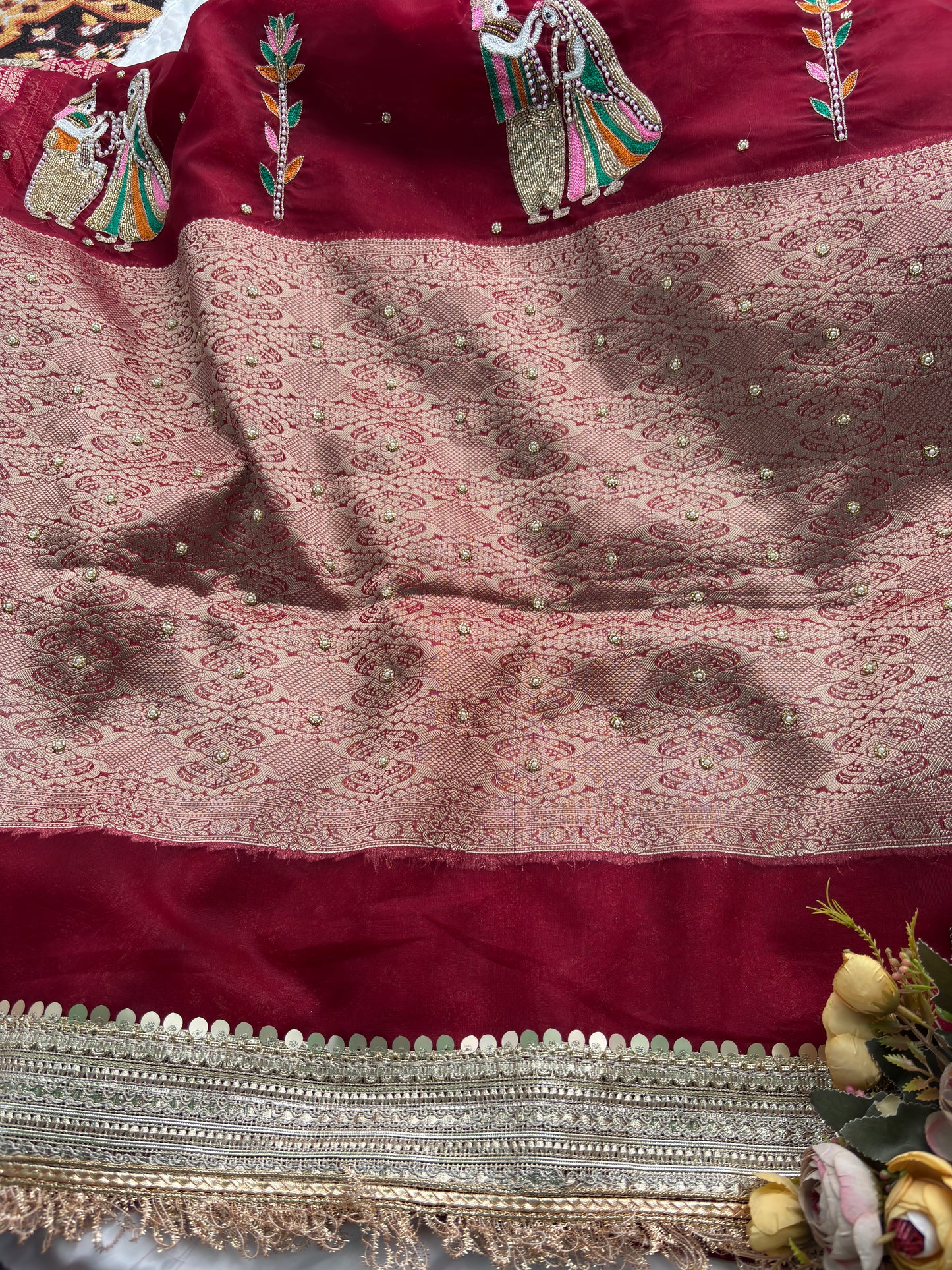Red Saree with Handcrafted Royal Elephant Zardozi & Bead Embroidery