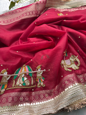 Red Saree with Handcrafted Royal Elephant Zardozi & Bead Embroidery
