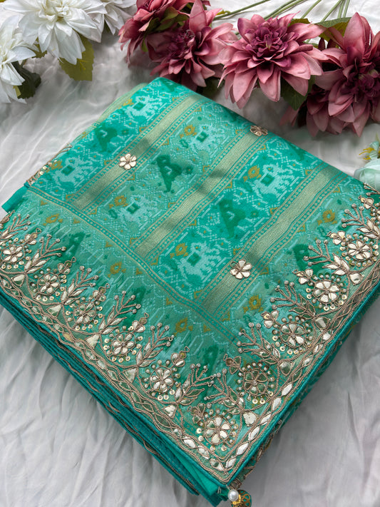 Teal Green Patola Silk Saree with Gota Patti Floral Embroidery & Pearl Work