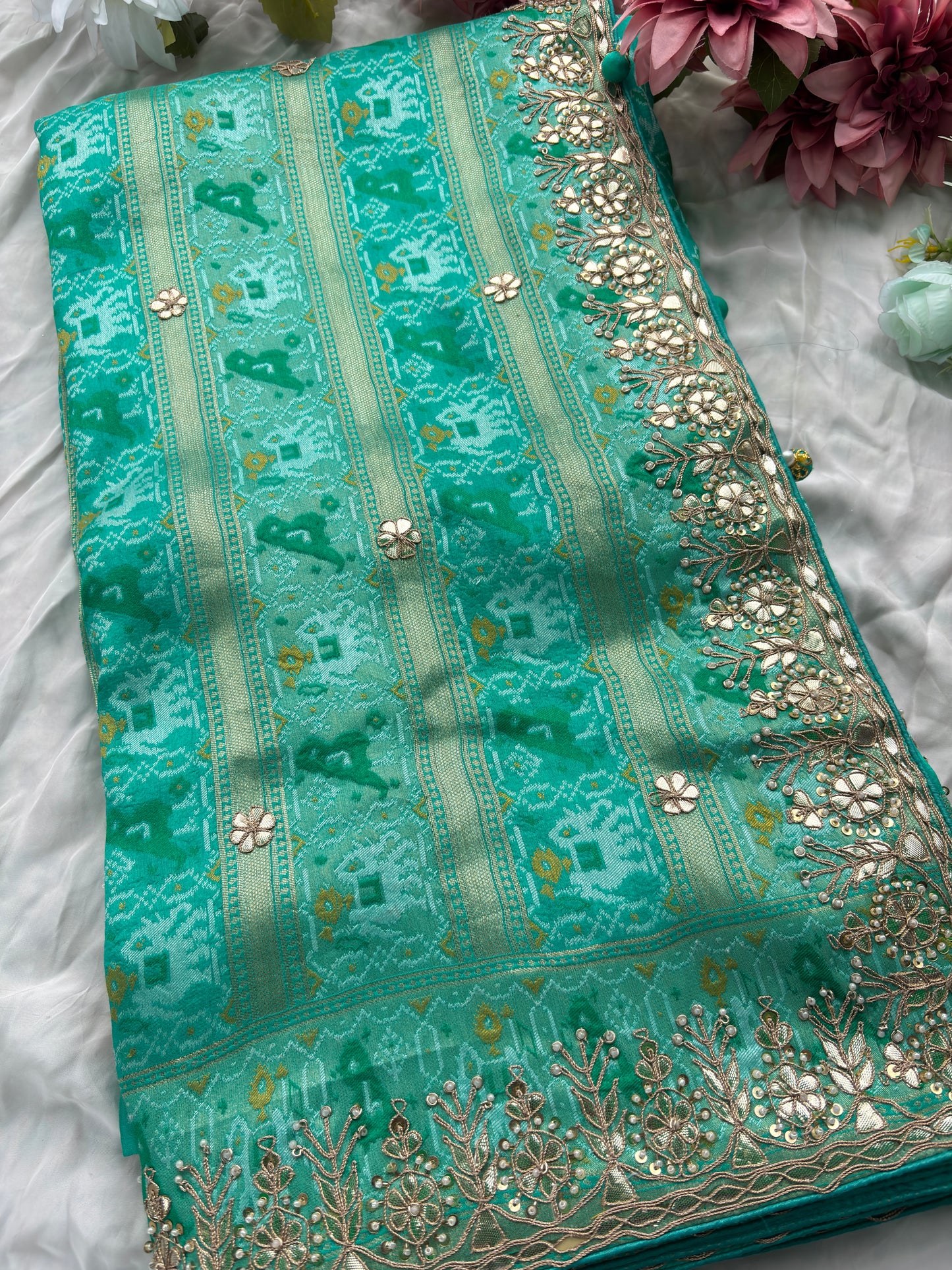 Teal Green Patola Silk Saree with Gota Patti Floral Embroidery & Pearl Work