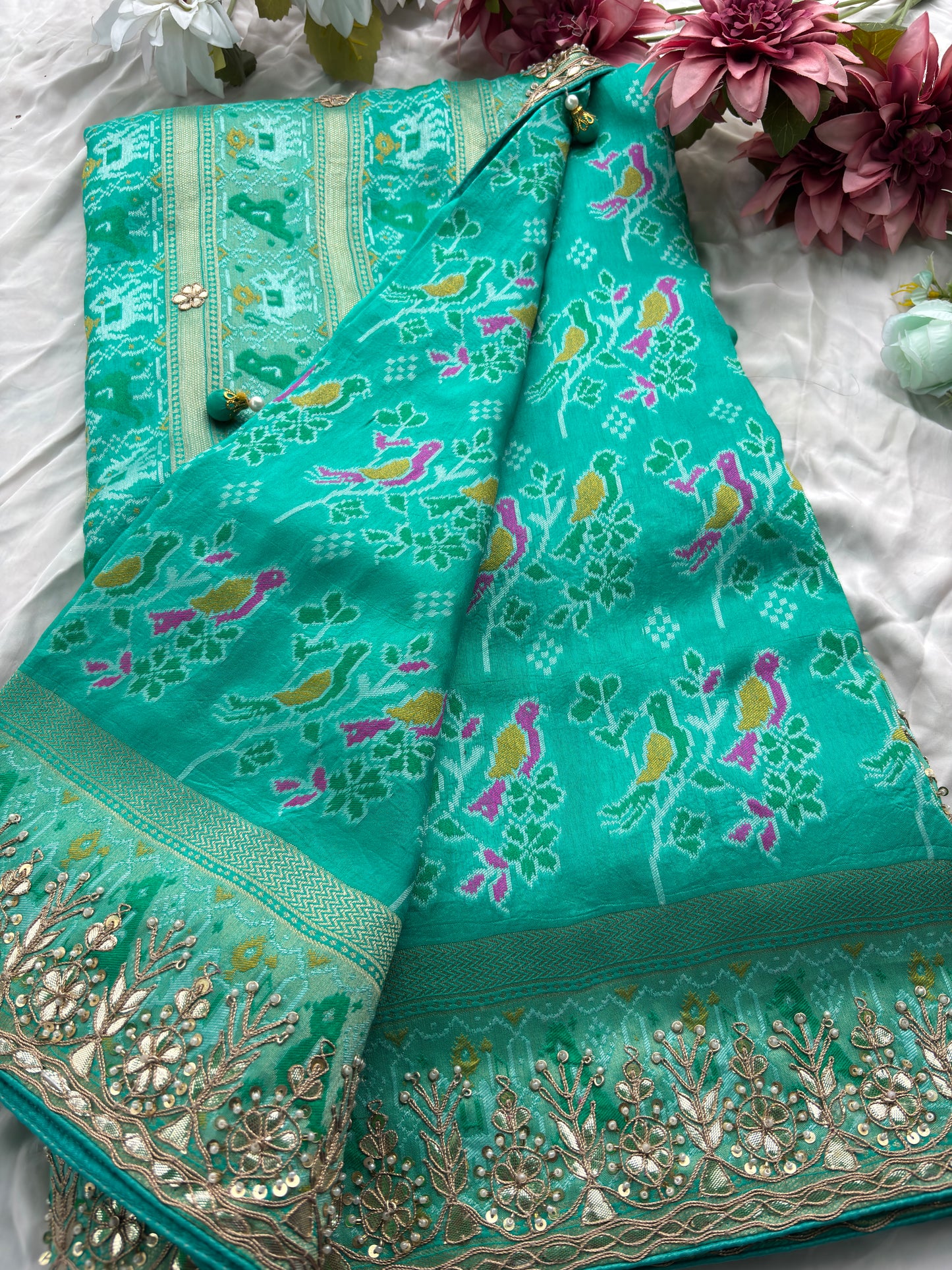 Teal Green Patola Silk Saree with Gota Patti Floral Embroidery & Pearl Work