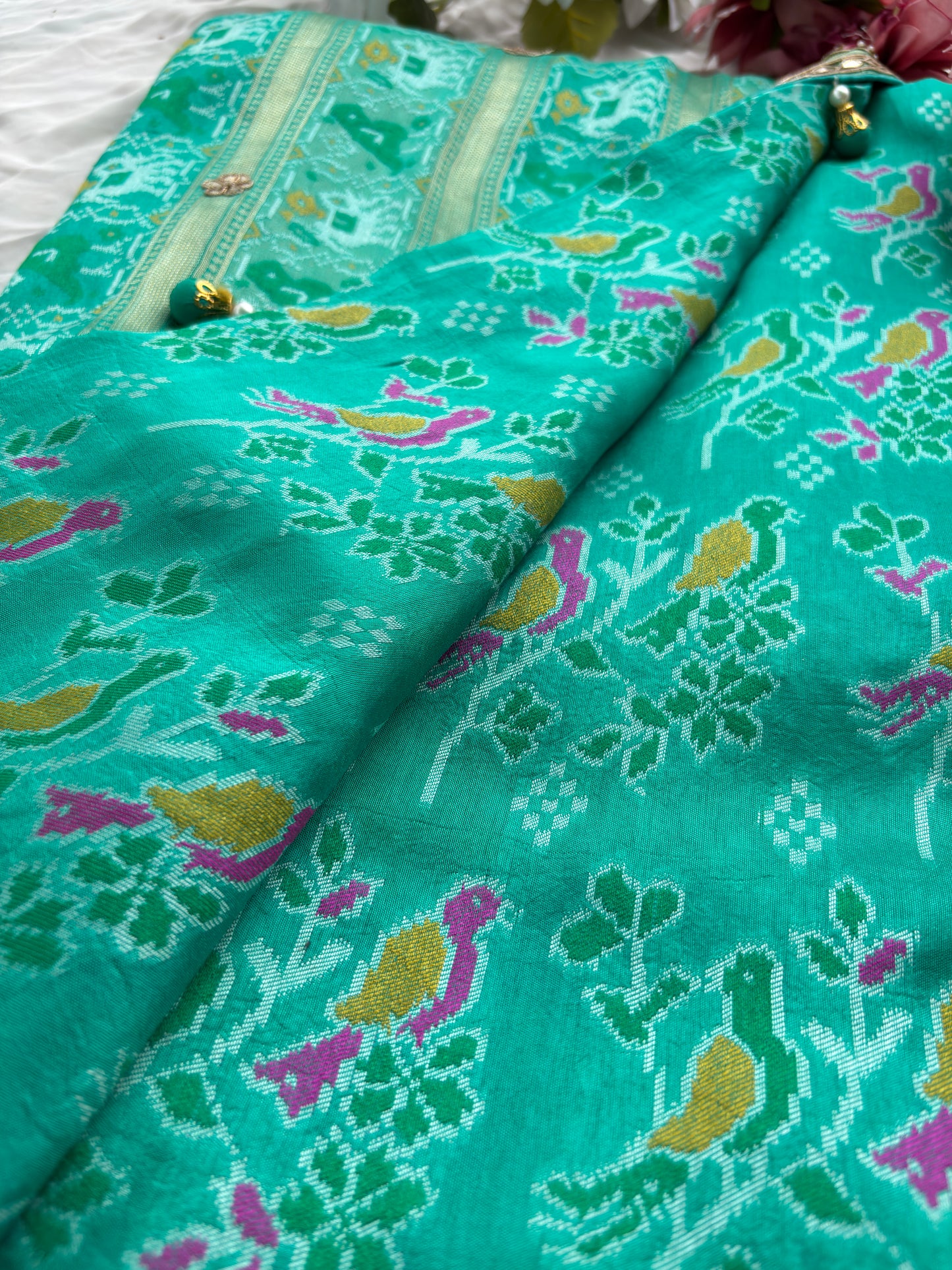 Teal Green Patola Silk Saree with Gota Patti Floral Embroidery & Pearl Work