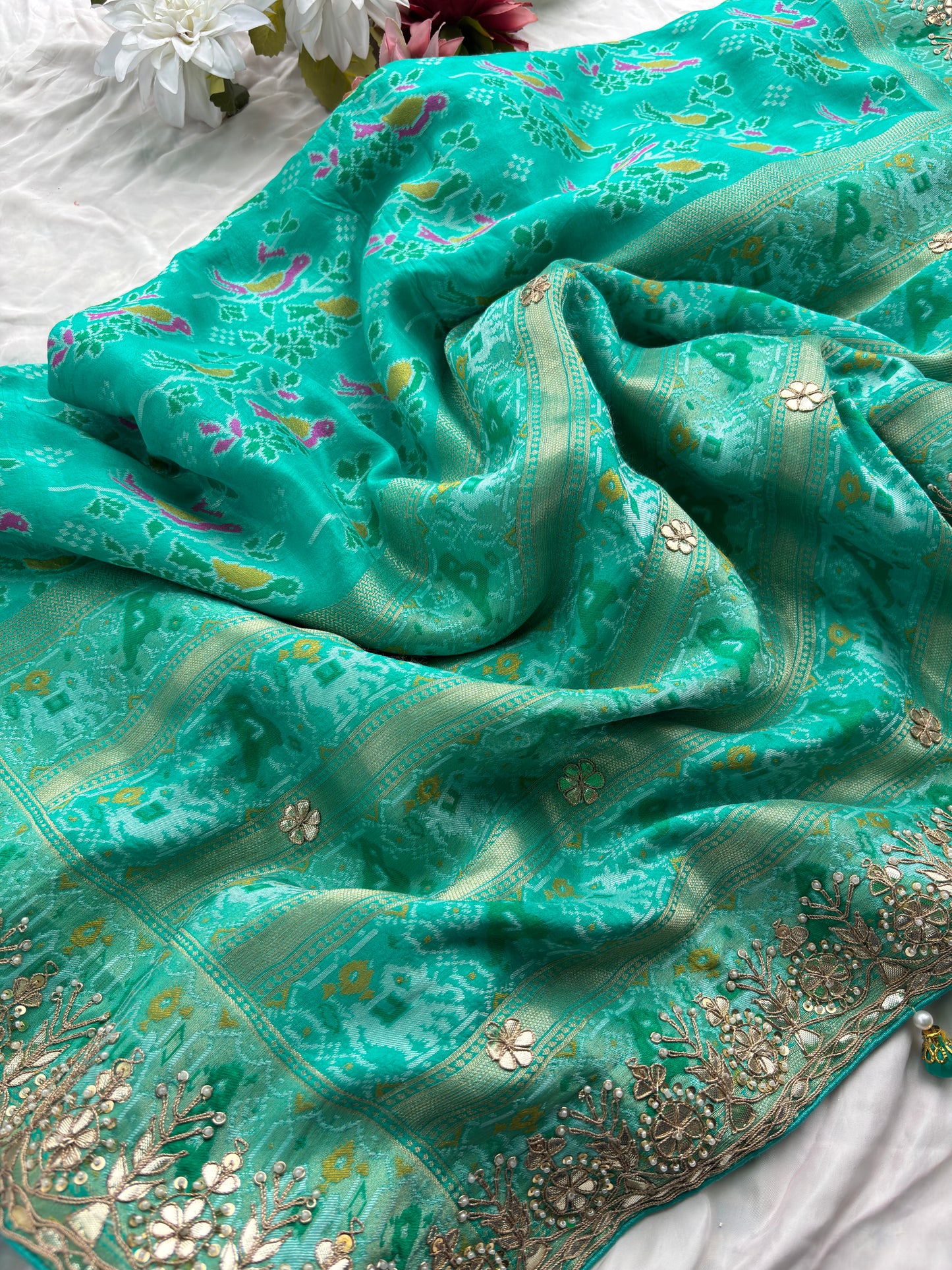 Teal Green Patola Silk Saree with Gota Patti Floral Embroidery & Pearl Work