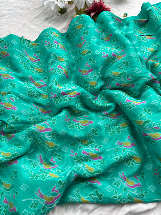 Teal Green Patola Silk Saree with Gota Patti Floral Embroidery & Pearl Work