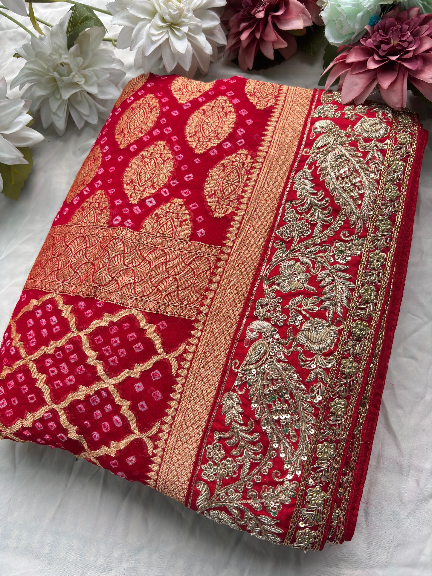 Saree with Heavy Zardozi Peacock & Floral Embroidery Border | Gold Zari Boota Weave