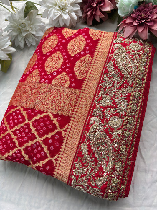 Saree with Heavy Zardozi Peacock & Floral Embroidery Border | Gold Zari Boota Weave
