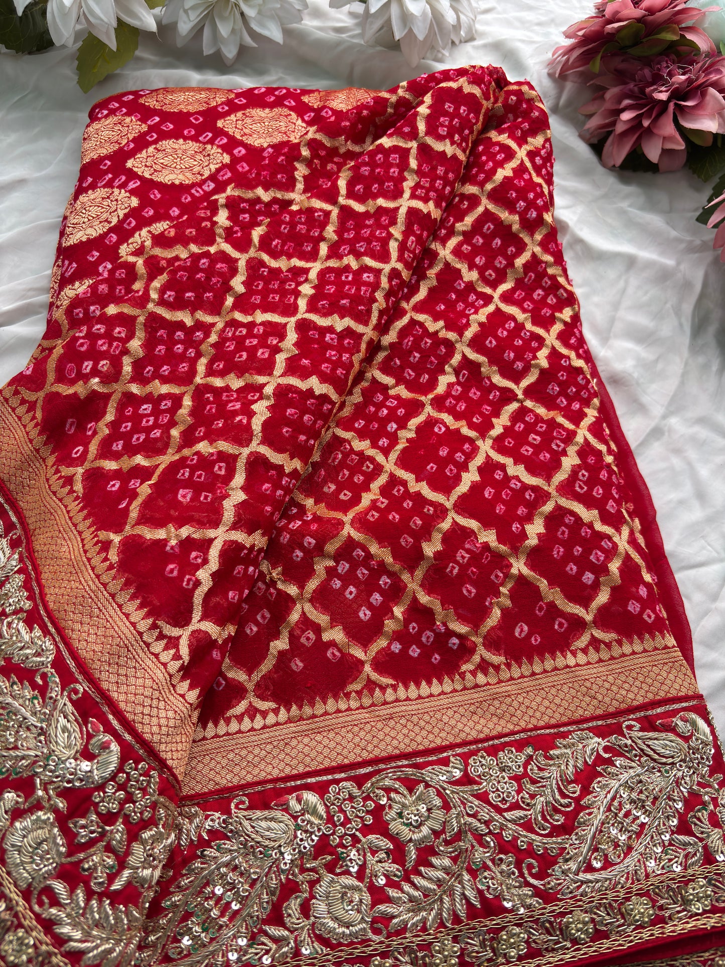 Saree with Heavy Zardozi Peacock & Floral Embroidery Border | Gold Zari Boota Weave