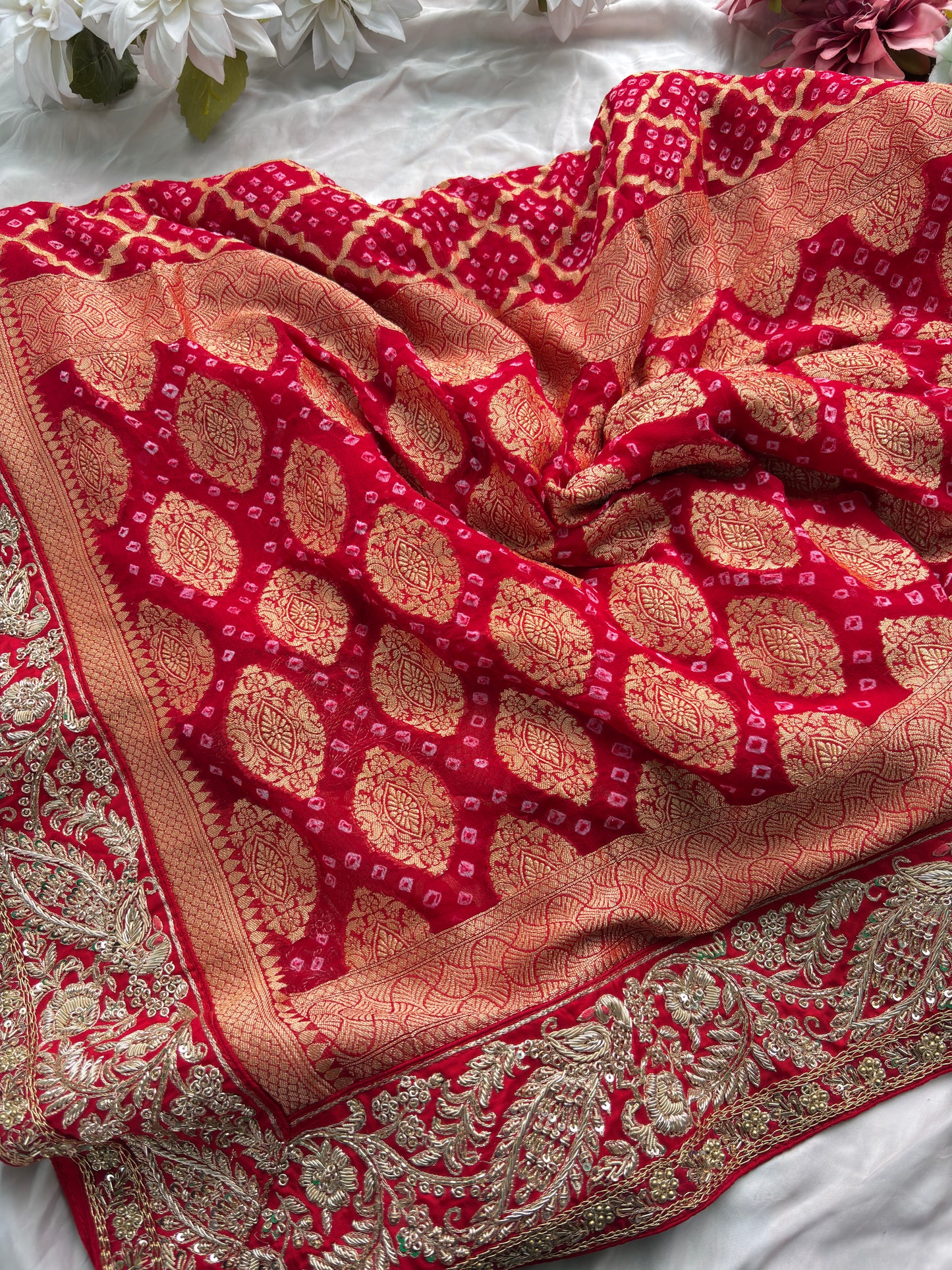 Saree with Heavy Zardozi Peacock & Floral Embroidery Border | Gold Zari Boota Weave