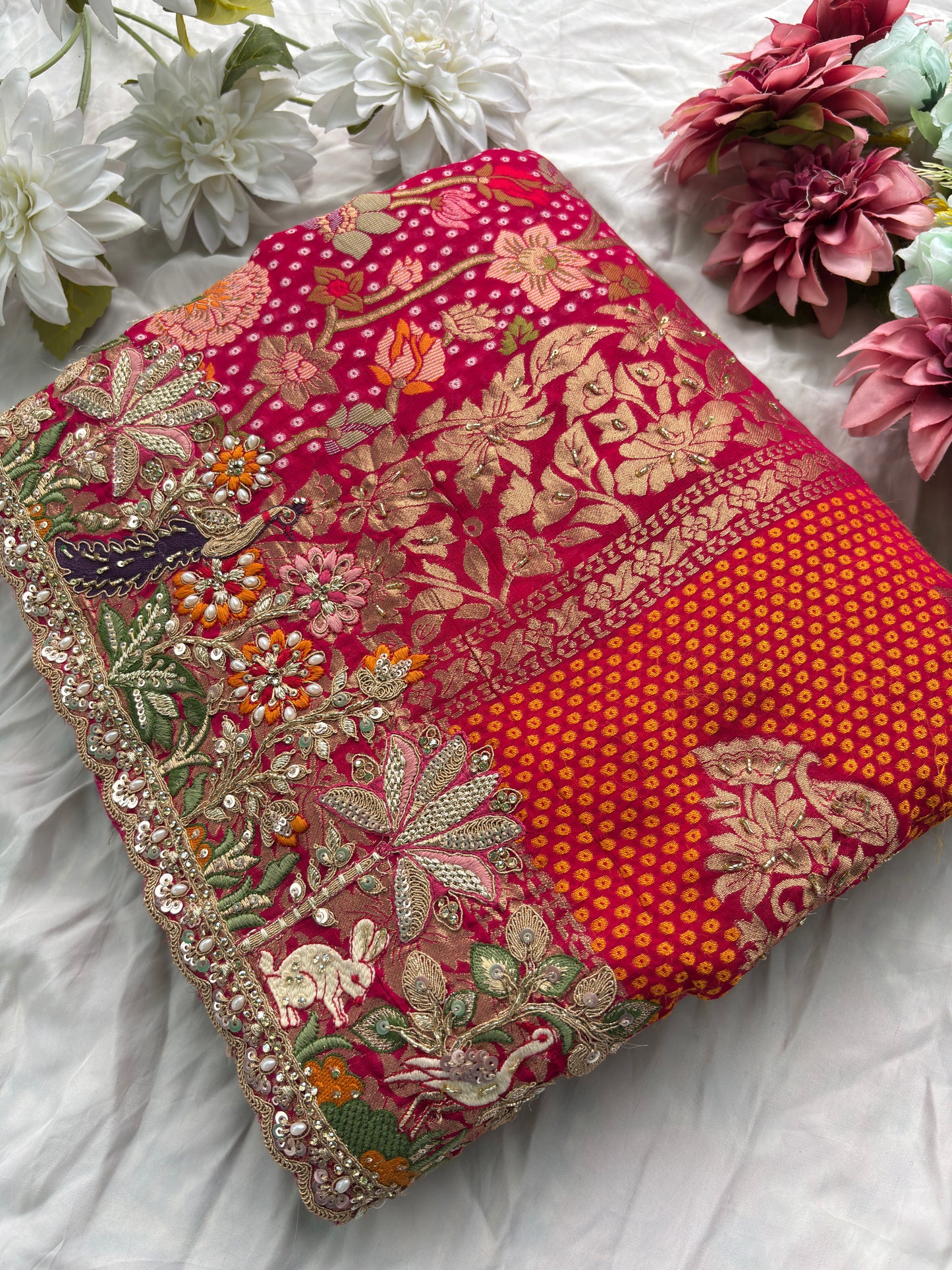 Saree with Heavy Multicolour Zardozi Floral & Fauna Embroidery | Pearl & Sequin Border