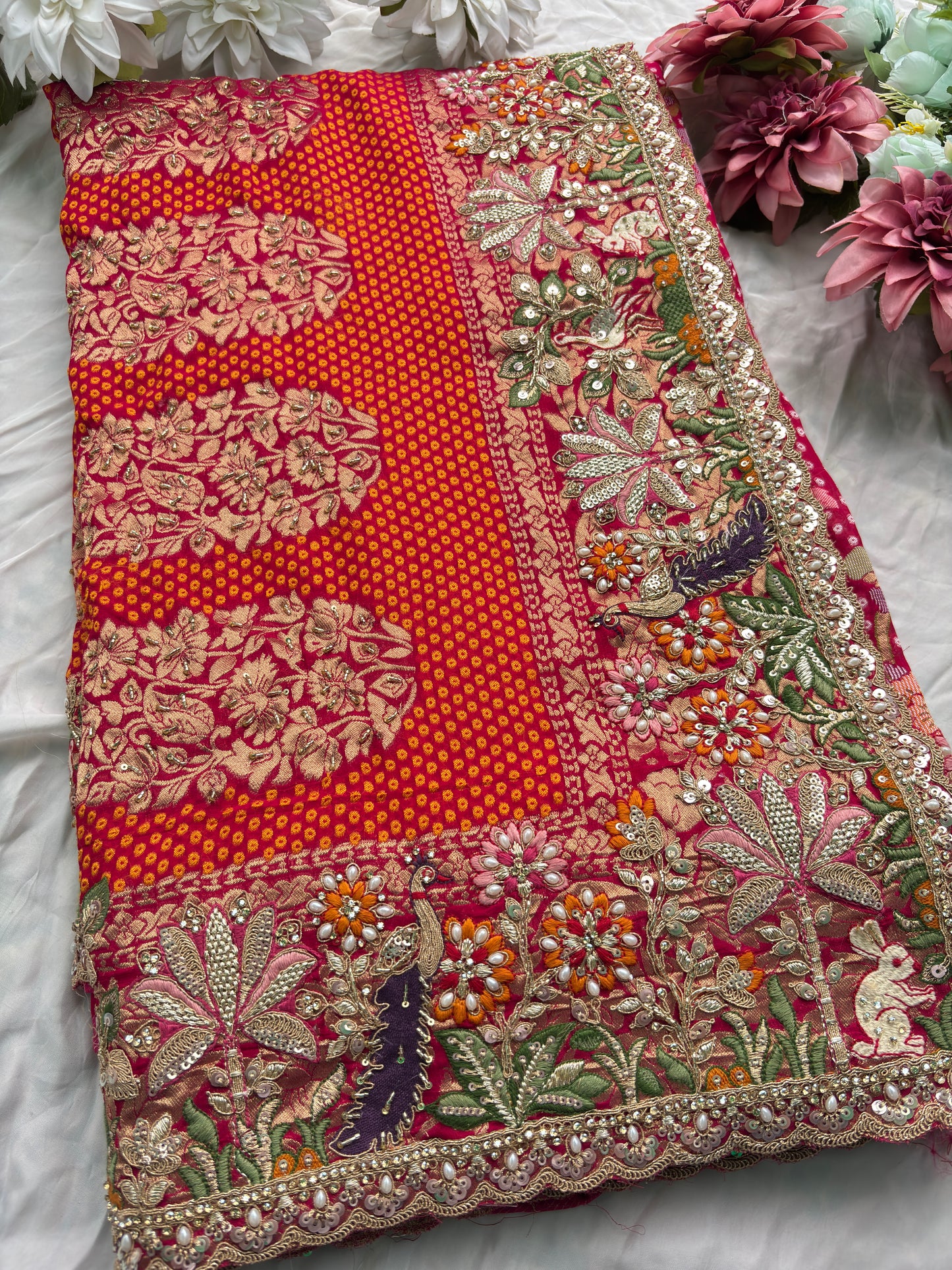 Saree with Heavy Multicolour Zardozi Floral & Fauna Embroidery | Pearl & Sequin Border