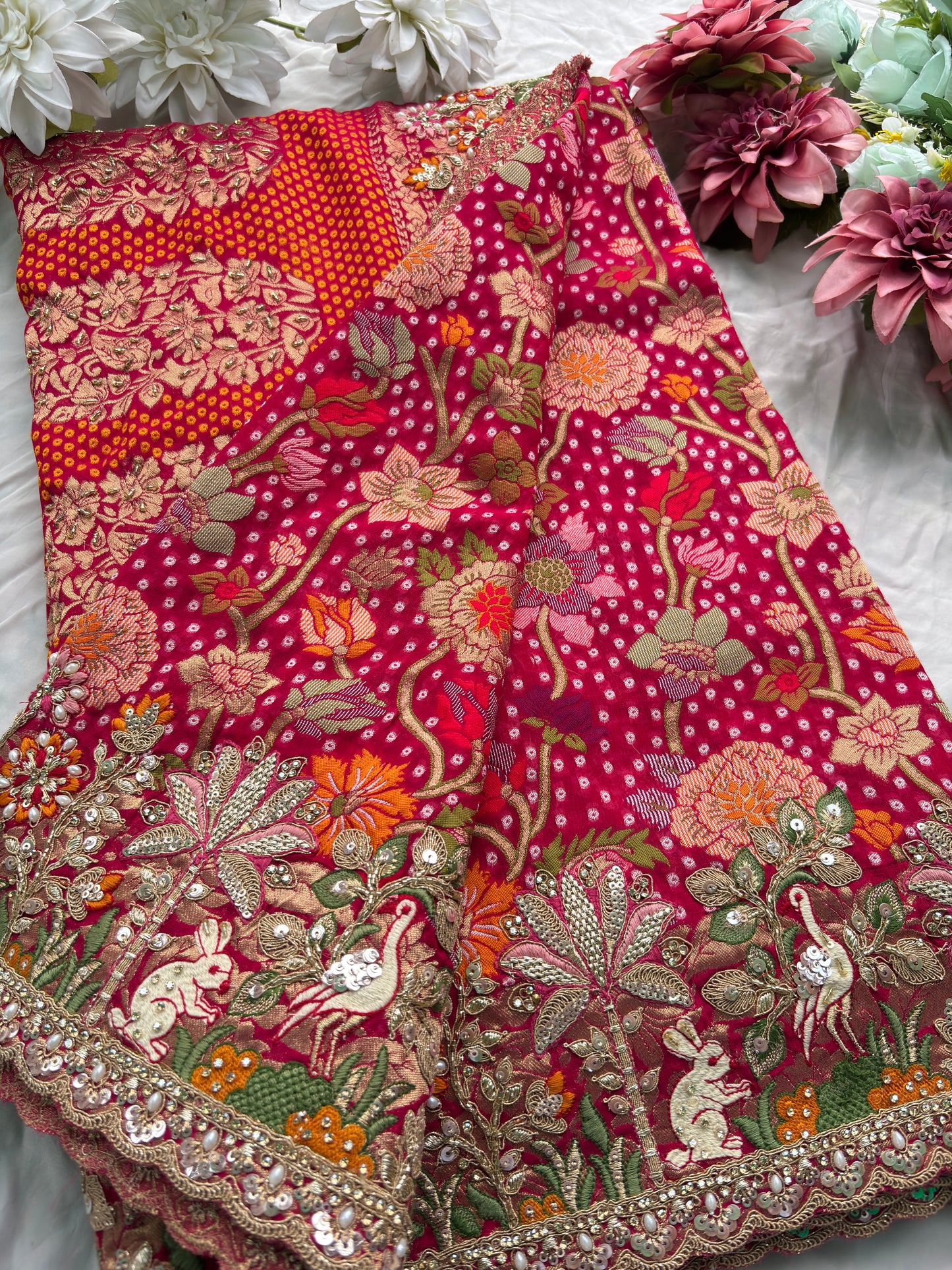 Saree with Heavy Multicolour Zardozi Floral & Fauna Embroidery | Pearl & Sequin Border