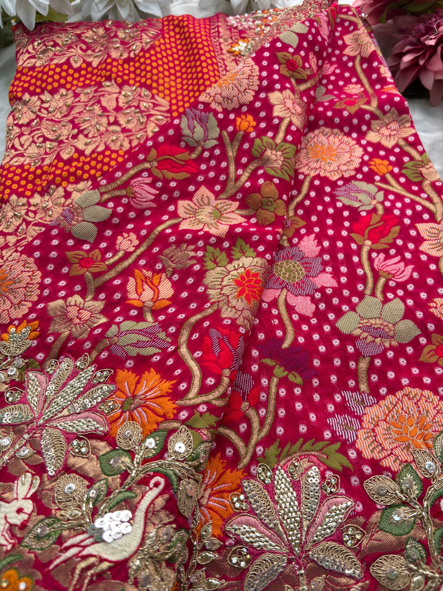 Saree with Heavy Multicolour Zardozi Floral & Fauna Embroidery | Pearl & Sequin Border
