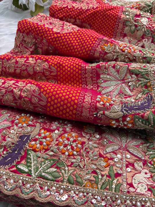 Saree with Heavy Multicolour Zardozi Floral & Fauna Embroidery | Pearl & Sequin Border