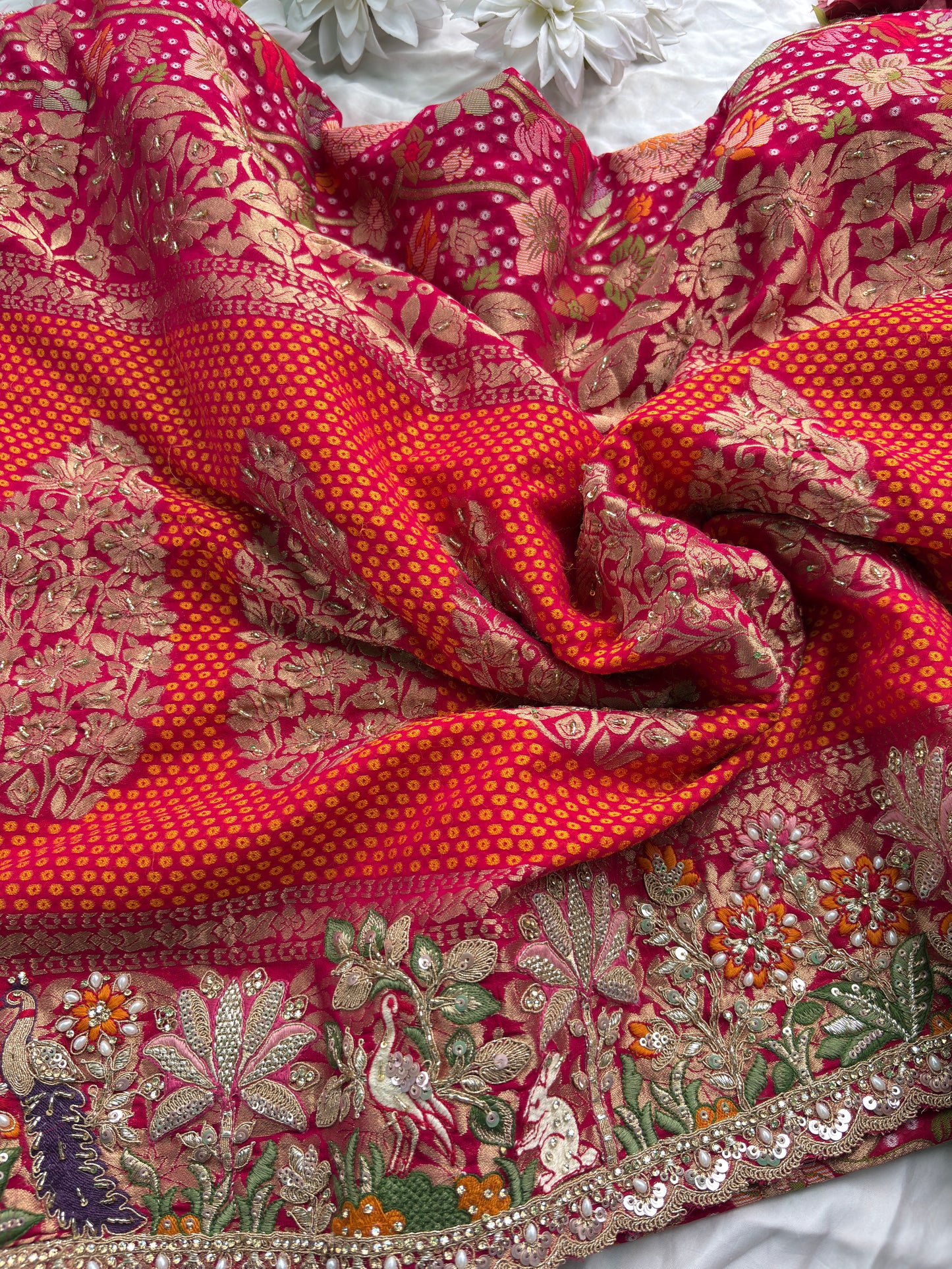Saree with Heavy Multicolour Zardozi Floral & Fauna Embroidery | Pearl & Sequin Border