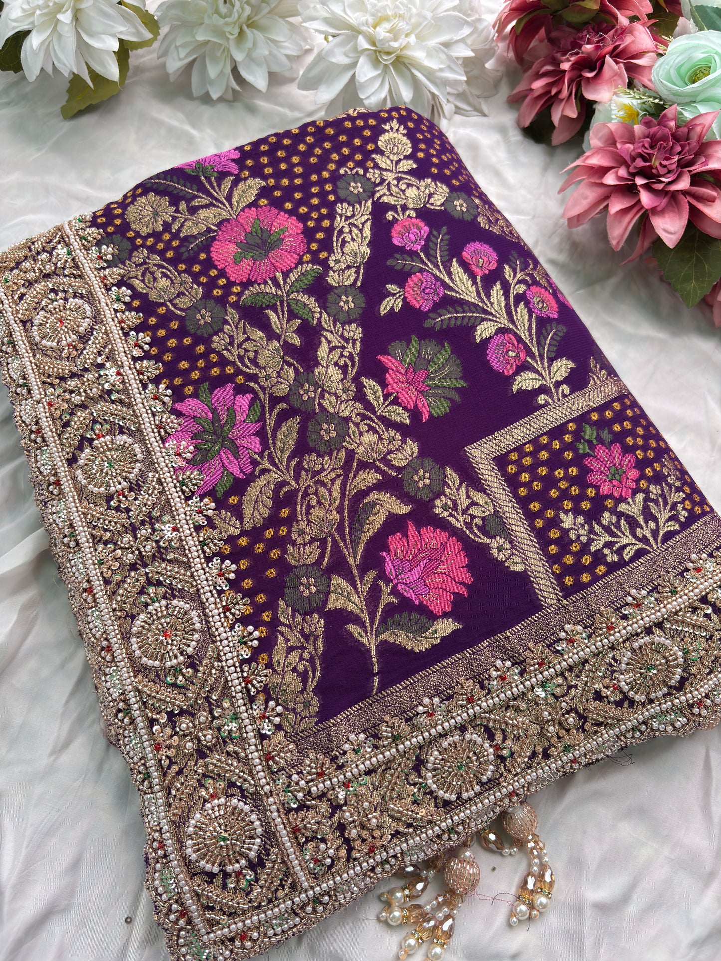 Saree with Multicolour Meenakari Floral Jaal Weave & Heavy Pearl Zardozi Border