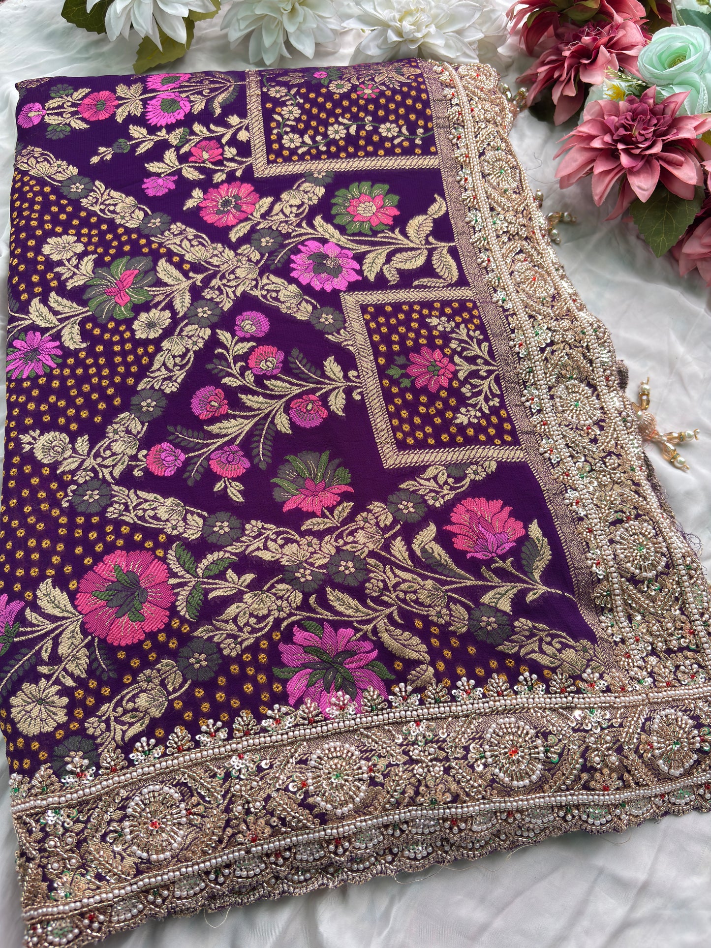 Saree with Multicolour Meenakari Floral Jaal Weave & Heavy Pearl Zardozi Border