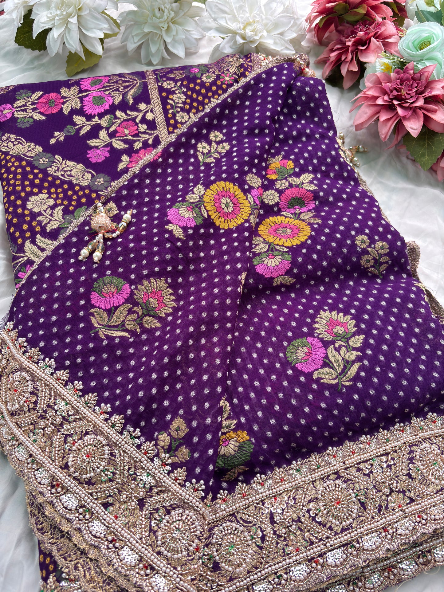 Saree with Multicolour Meenakari Floral Jaal Weave & Heavy Pearl Zardozi Border