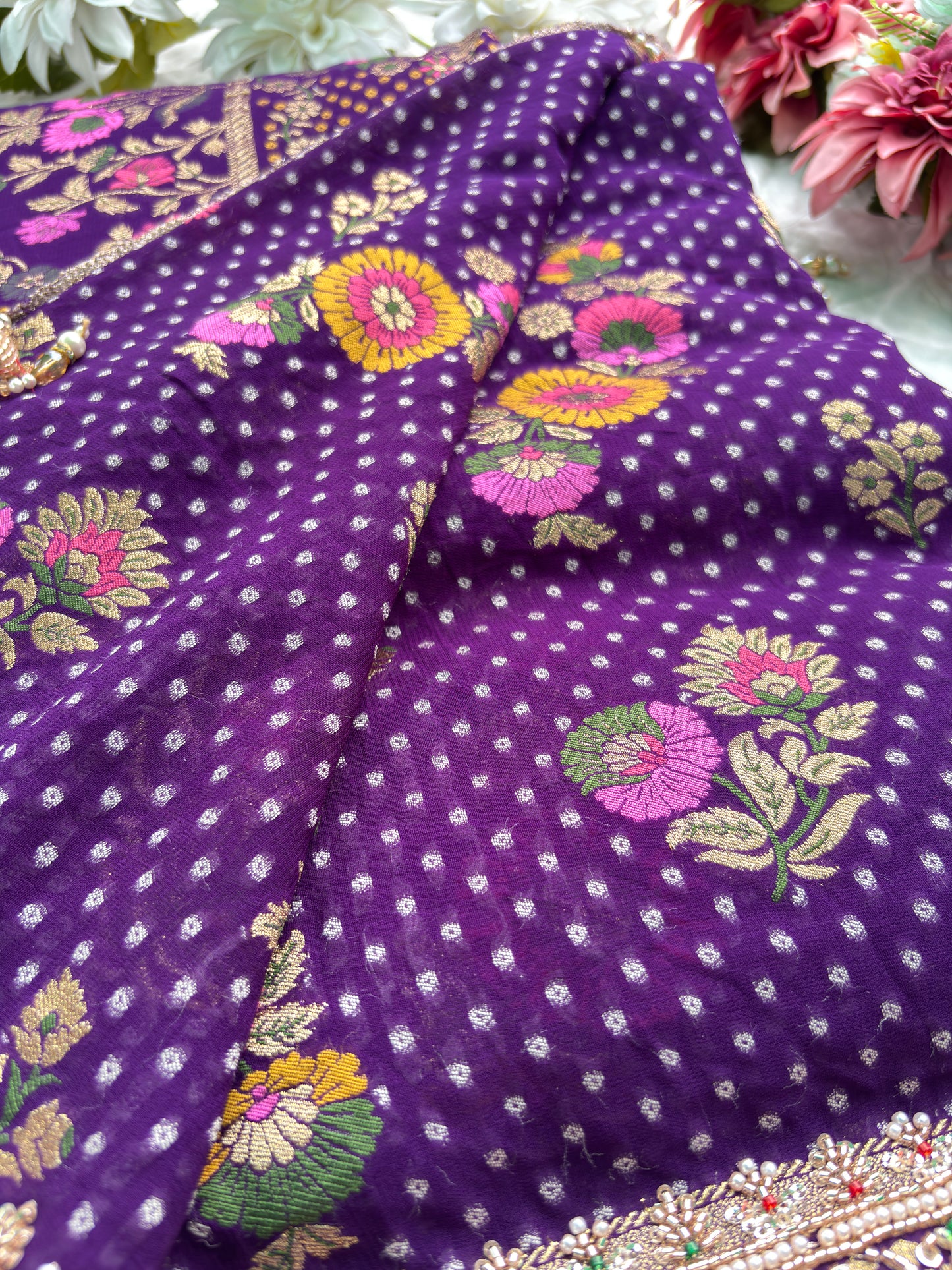Saree with Multicolour Meenakari Floral Jaal Weave & Heavy Pearl Zardozi Border