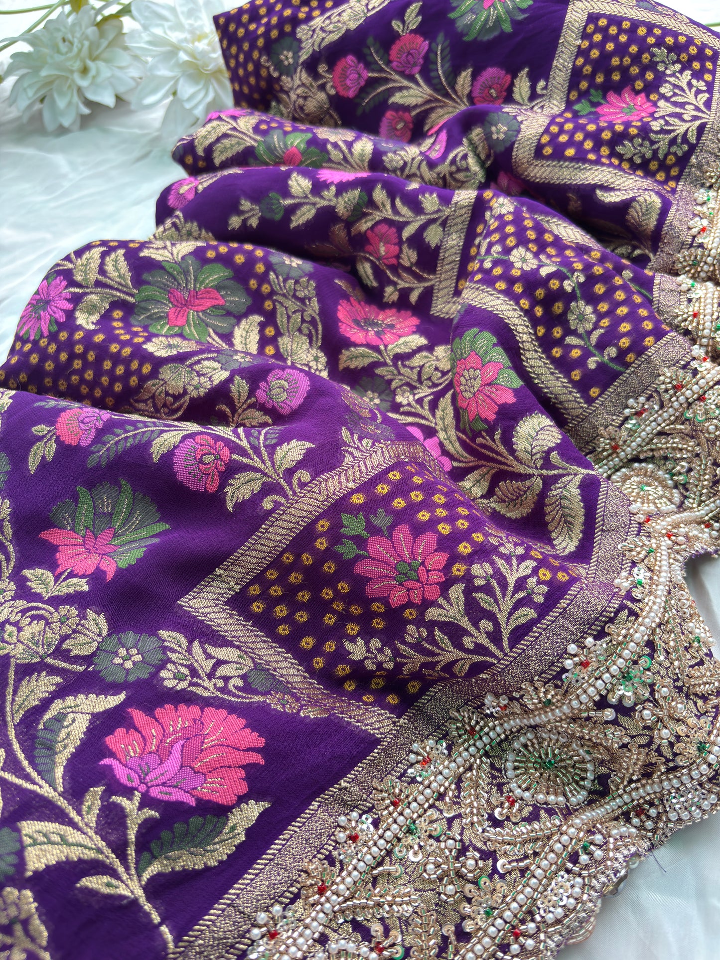 Saree with Multicolour Meenakari Floral Jaal Weave & Heavy Pearl Zardozi Border