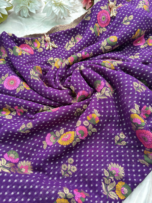Saree with Multicolour Meenakari Floral Jaal Weave & Heavy Pearl Zardozi Border