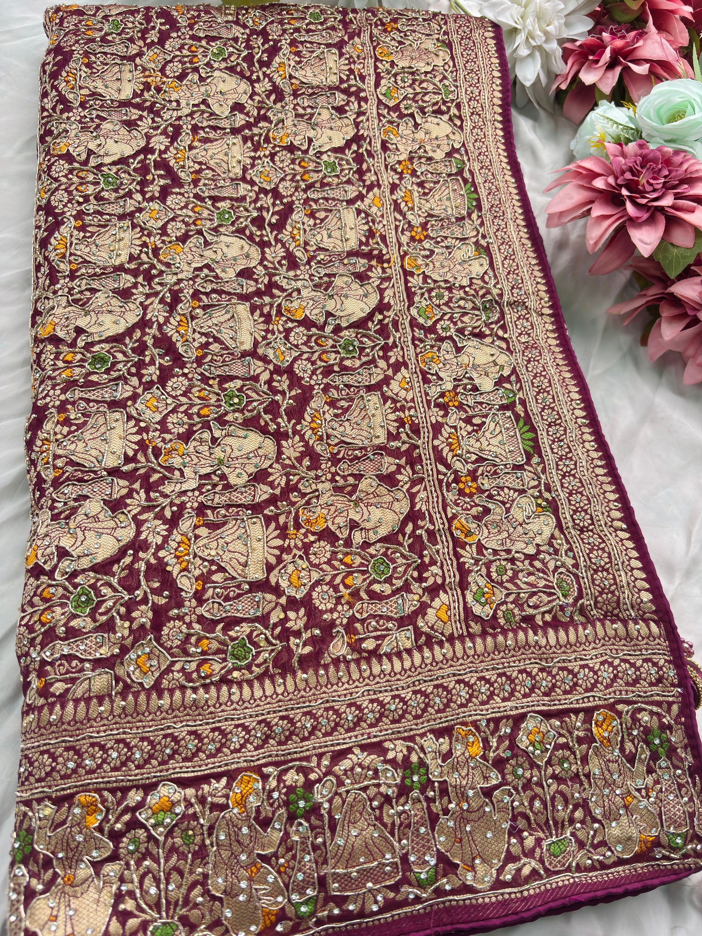 Saree with All-Over Shikargah Elephant & Royal Figurine Meenakari Weave