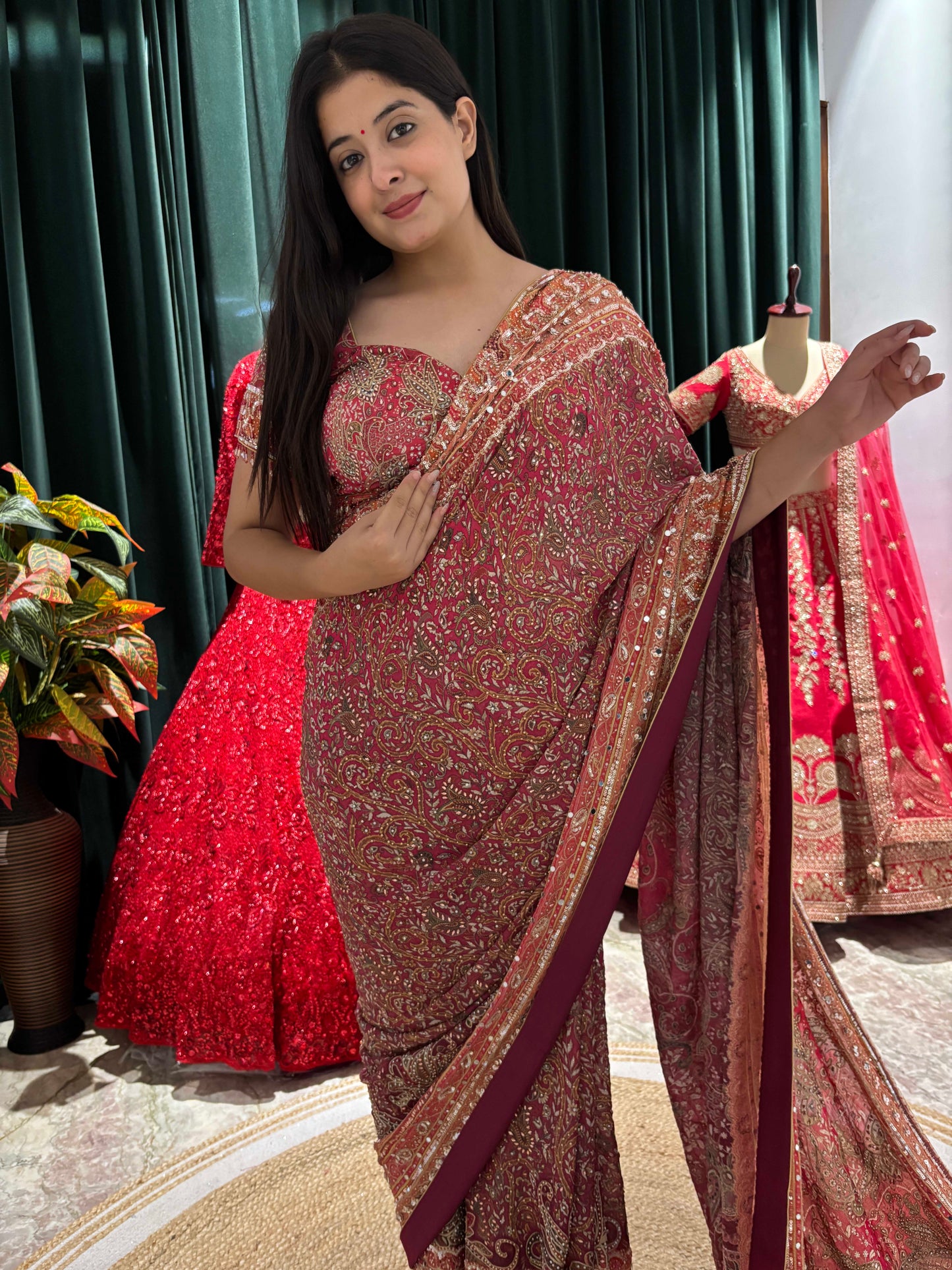 Maroon Printed Saree with Antique Zari Border & Matching Blouse
