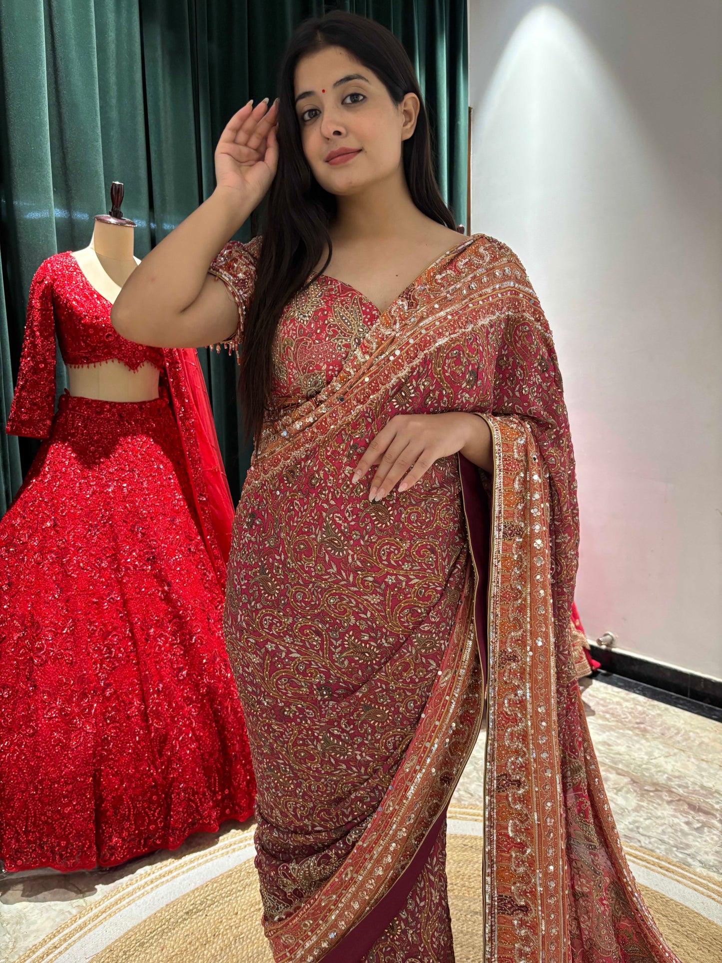 Maroon Printed Saree with Antique Zari Border & Matching Blouse