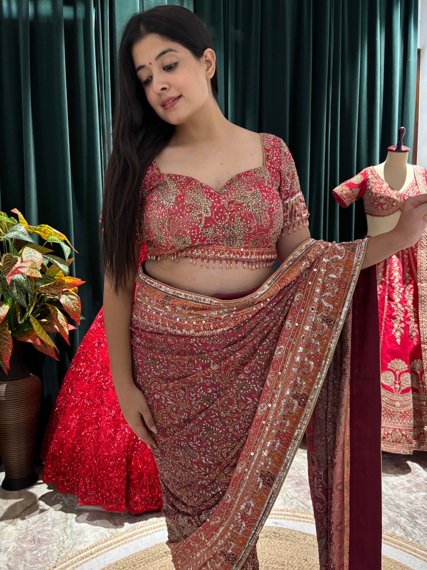 Maroon Printed Saree with Antique Zari Border & Matching Blouse