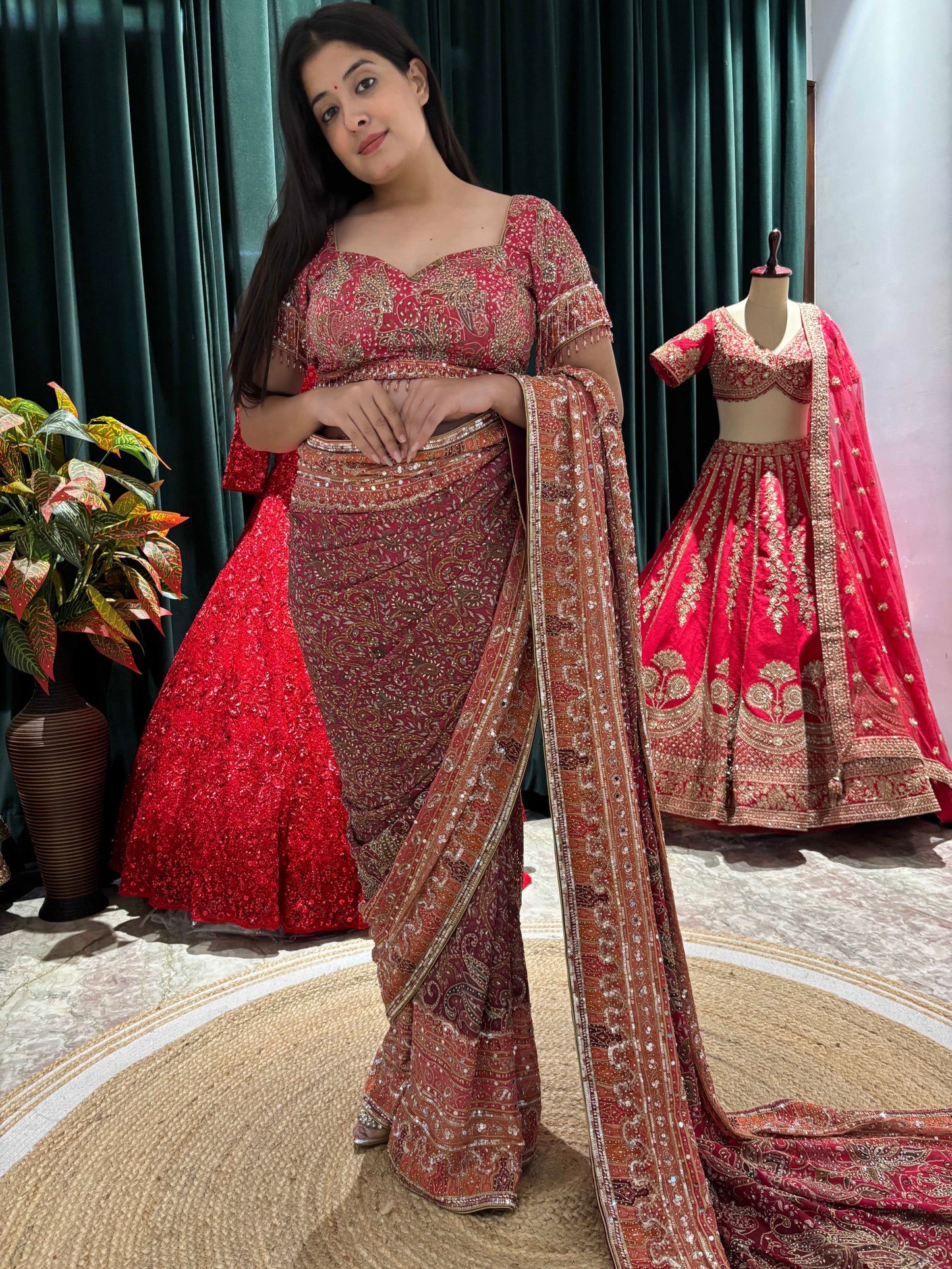 Maroon Printed Saree with Antique Zari Border & Matching Blouse