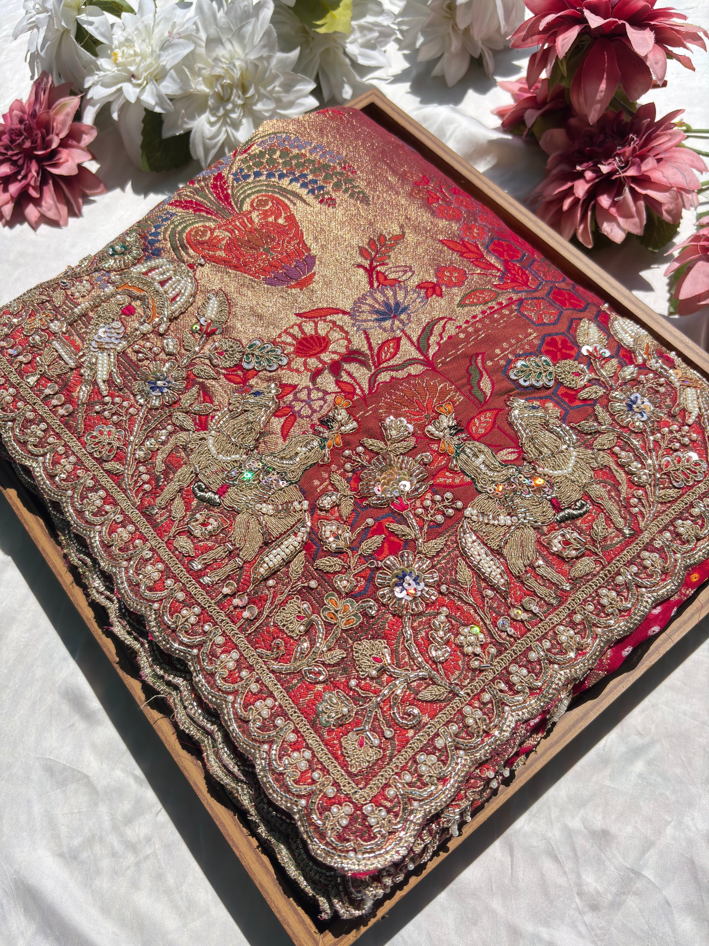 Designer Red Saree with Heavy Embroidered Peacock Border