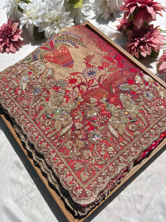 Designer Red Saree with Heavy Embroidered Peacock Border