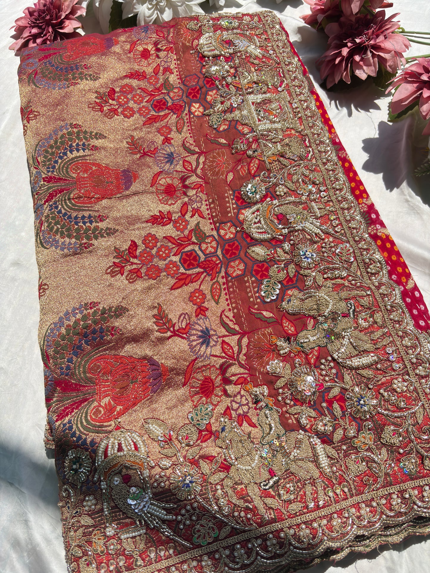 Designer Red Saree with Heavy Embroidered Peacock Border