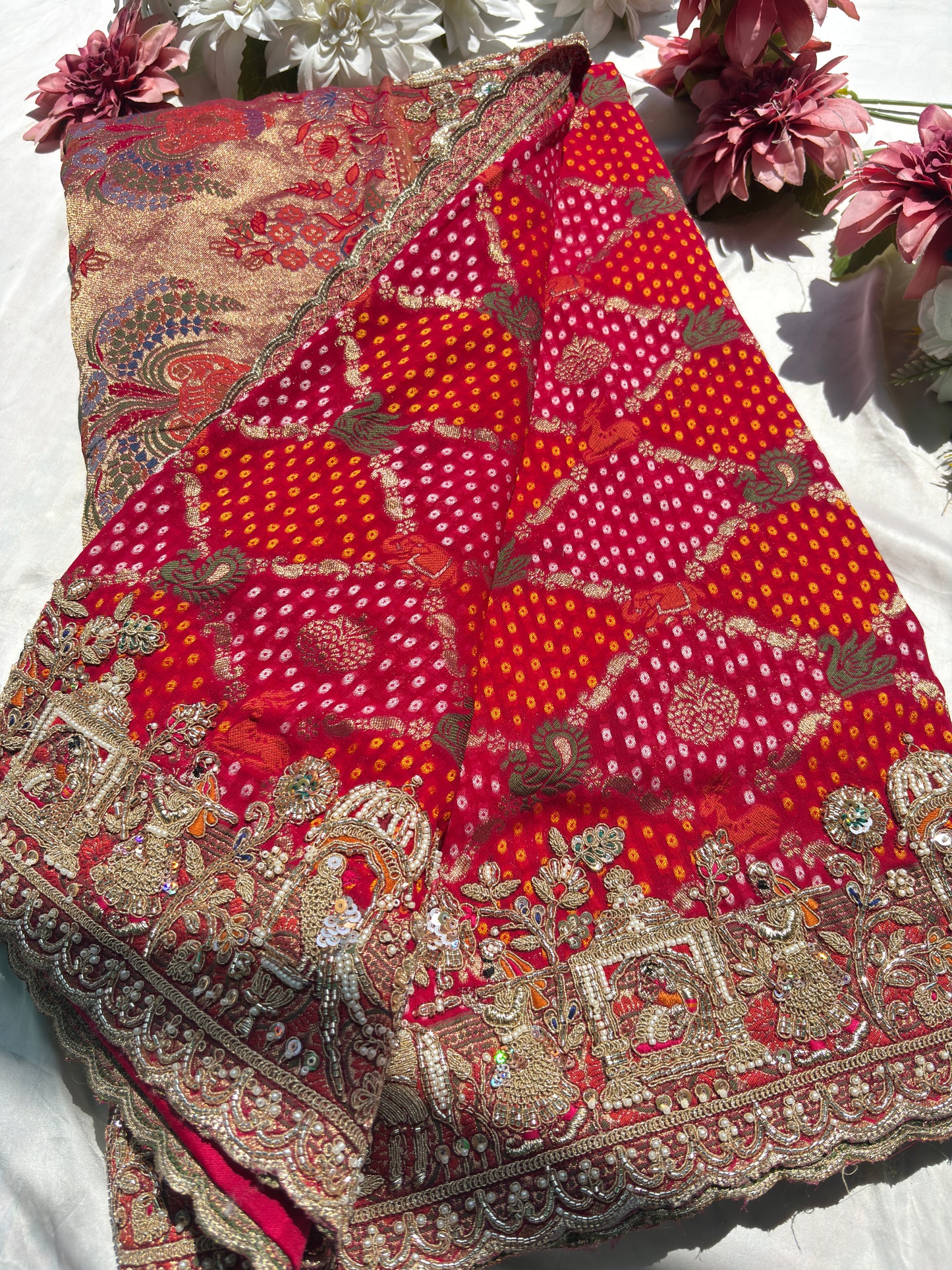 Designer Red Saree with Heavy Embroidered Peacock Border
