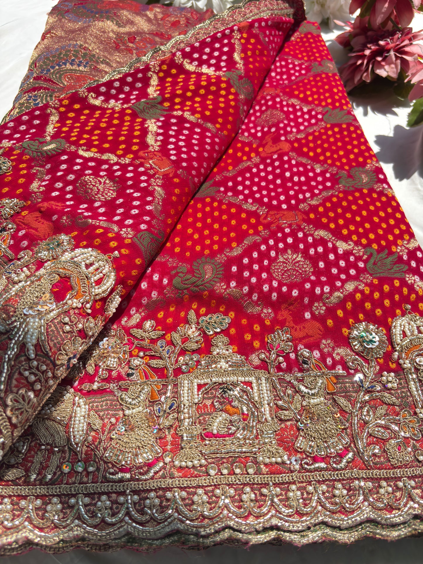 Designer Red Saree with Heavy Embroidered Peacock Border
