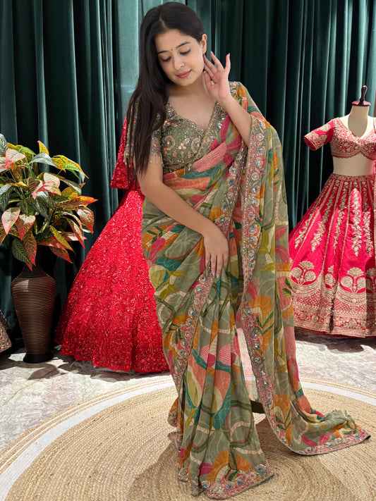 Regal Floral Embroidered Saree With Ornate Border Detailing