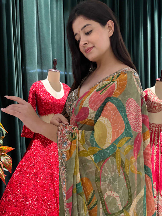 Regal Floral Embroidered Saree With Ornate Border Detailing