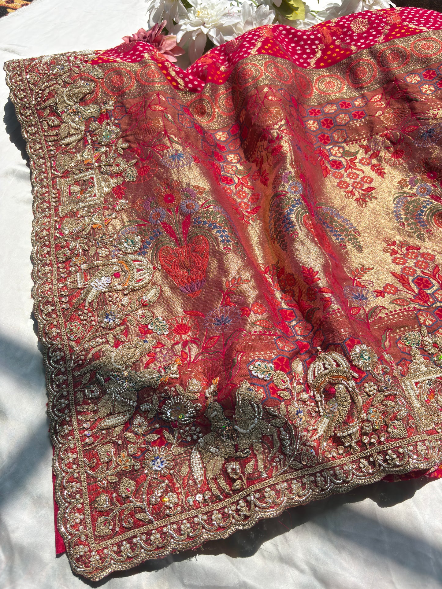 Designer Red Saree with Heavy Embroidered Peacock Border