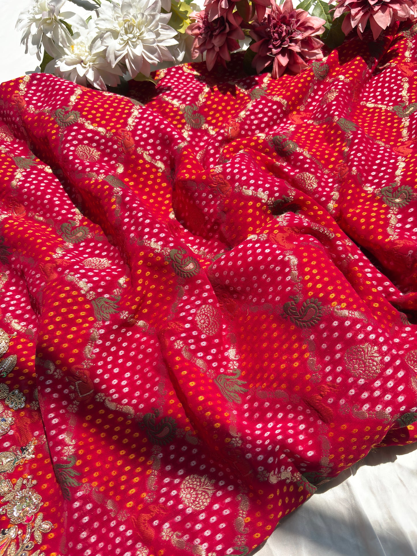 Designer Red Saree with Heavy Embroidered Peacock Border
