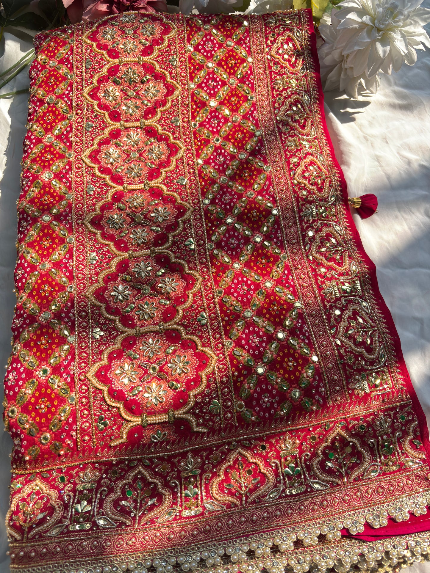 Bridal Red Dseigner Saree with Heavy Embroidery & Pearl Border